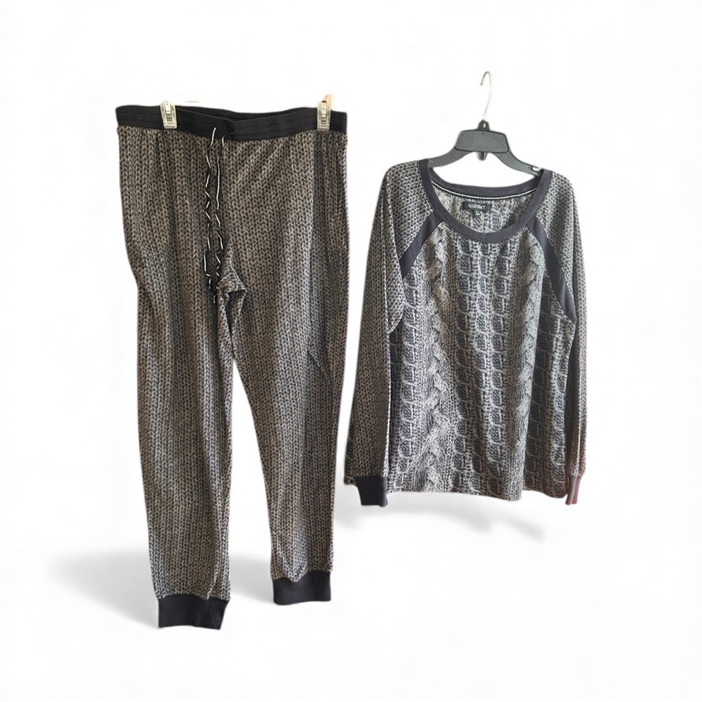 Ellen Tracy pajamas black gray abstract print plush drawstring elastic waist L